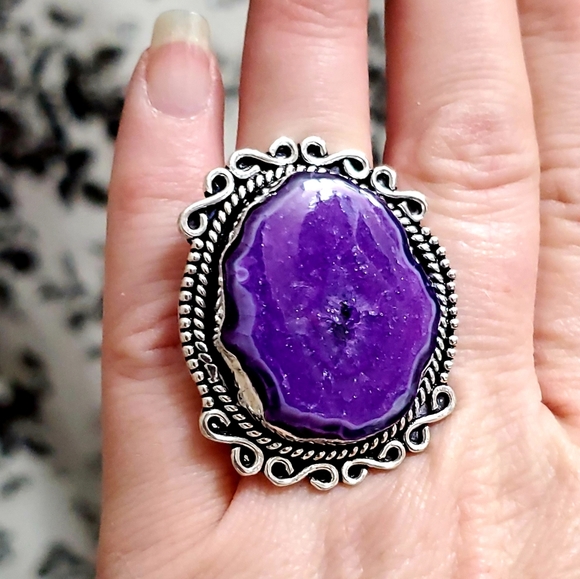 New Huge Purple Agate Druzy 925 Silver Statement Ring. - Picture 1 of 8